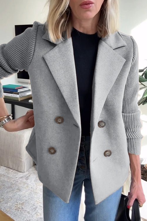 SUENTA Damen Eleganter Blazer Mit Gestreifte Strickärmel Strukturiertes Zweireihiges Design Grau