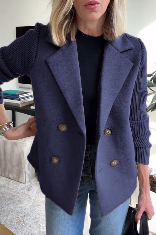 SUENTA Damen Eleganter Blazer Mit Gestreifte Strickärmel Strukturiertes Zweireihiges Design Blau