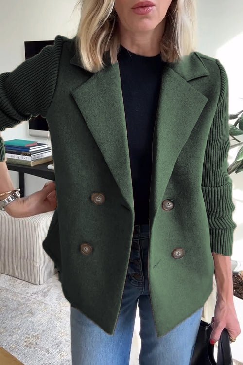 SUENTA Damen Eleganter Blazer Mit Gestreifte Strickärmel Strukturiertes Zweireihiges Design Grün