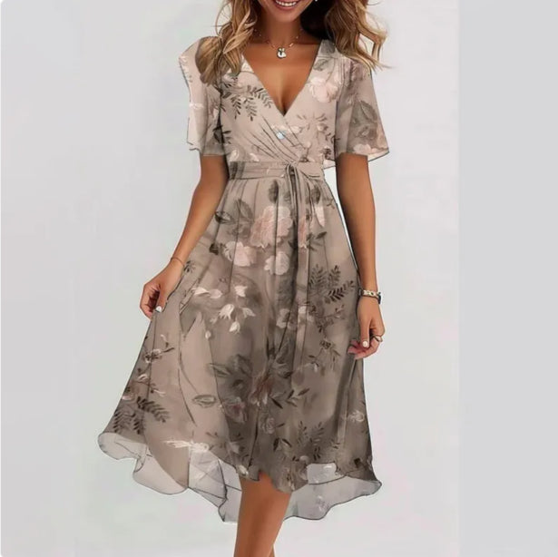 SUENTA Silk | Damen Sommerkleid – V-Ausschnitt, Hochwertig & Atmungsaktiv Beige