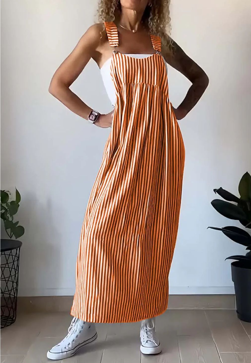 SUENTA Damen Lässiger Gestreifter Jumpsuit Weiches Atmungsaktives Material Orange