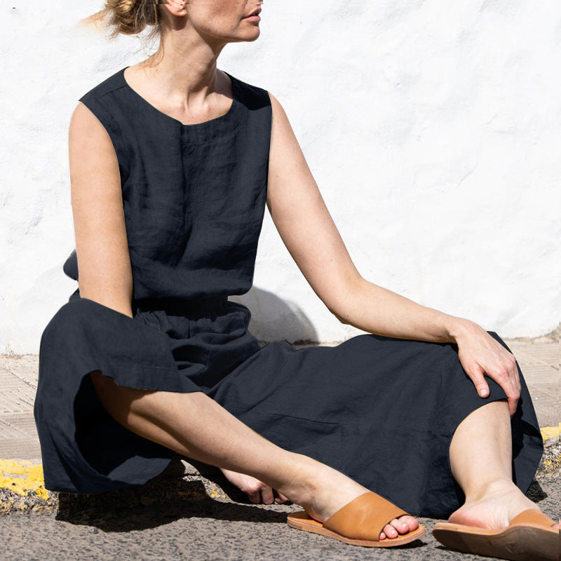 SUENTA Ärmelloser Jumpsuit Elastischer Bund Zwei Seitentaschen Lockere Passform