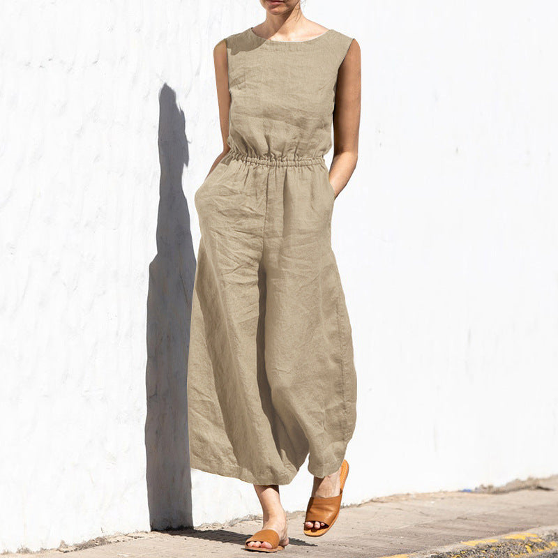 SUENTA Ärmelloser Jumpsuit Elastischer Bund Zwei Seitentaschen Lockere Passform Khaki