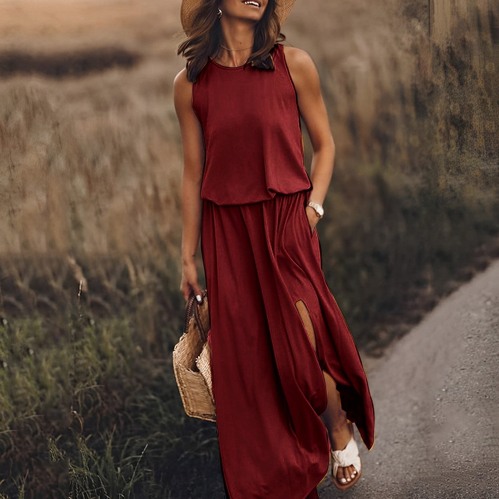 SUENTA Damen Maxi-Sommerkleid – Ärmellos mit Schlitz & Elegante Passform Burgund