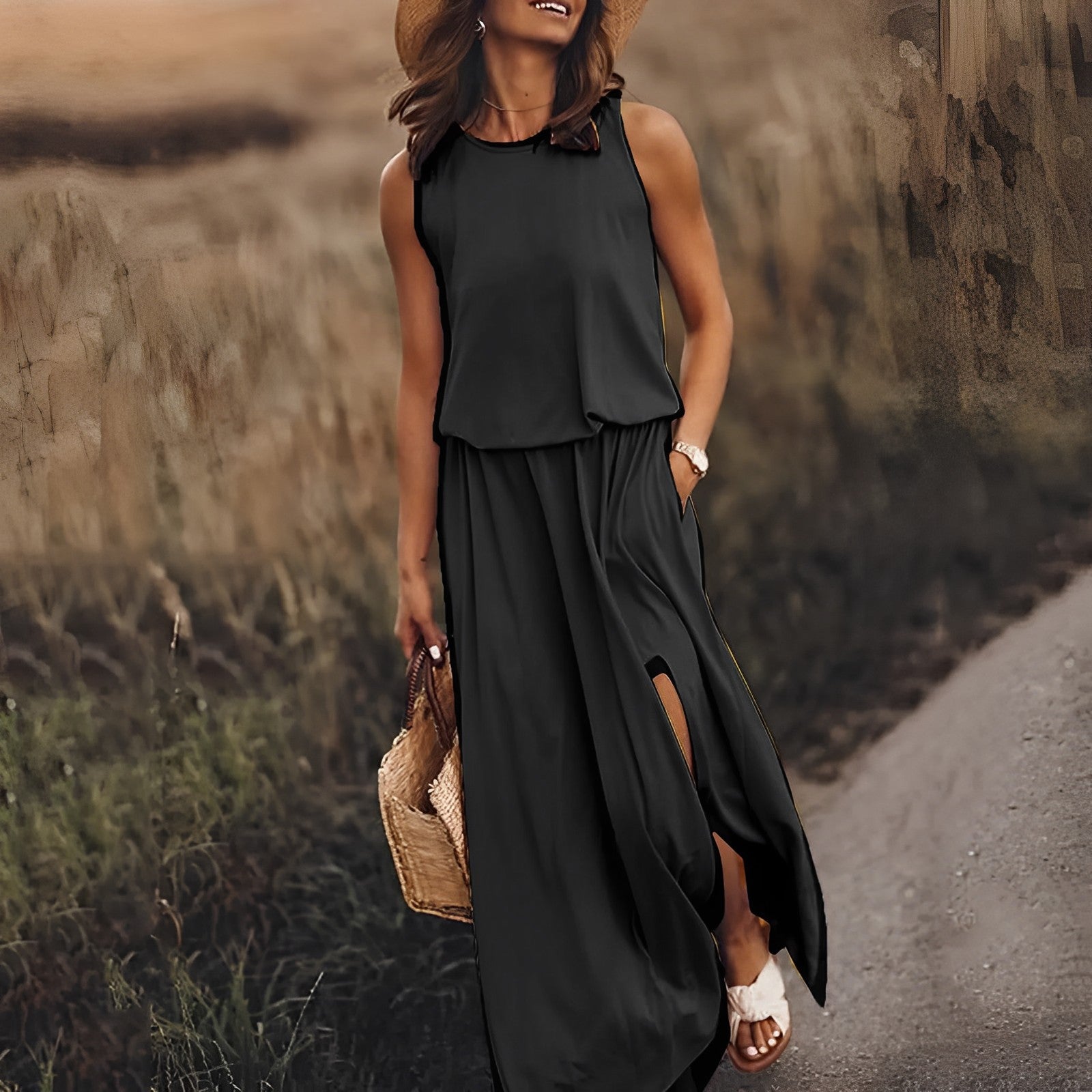 SUENTA Damen Maxi-Sommerkleid – Ärmellos mit Schlitz & Elegante Passform Schwarz