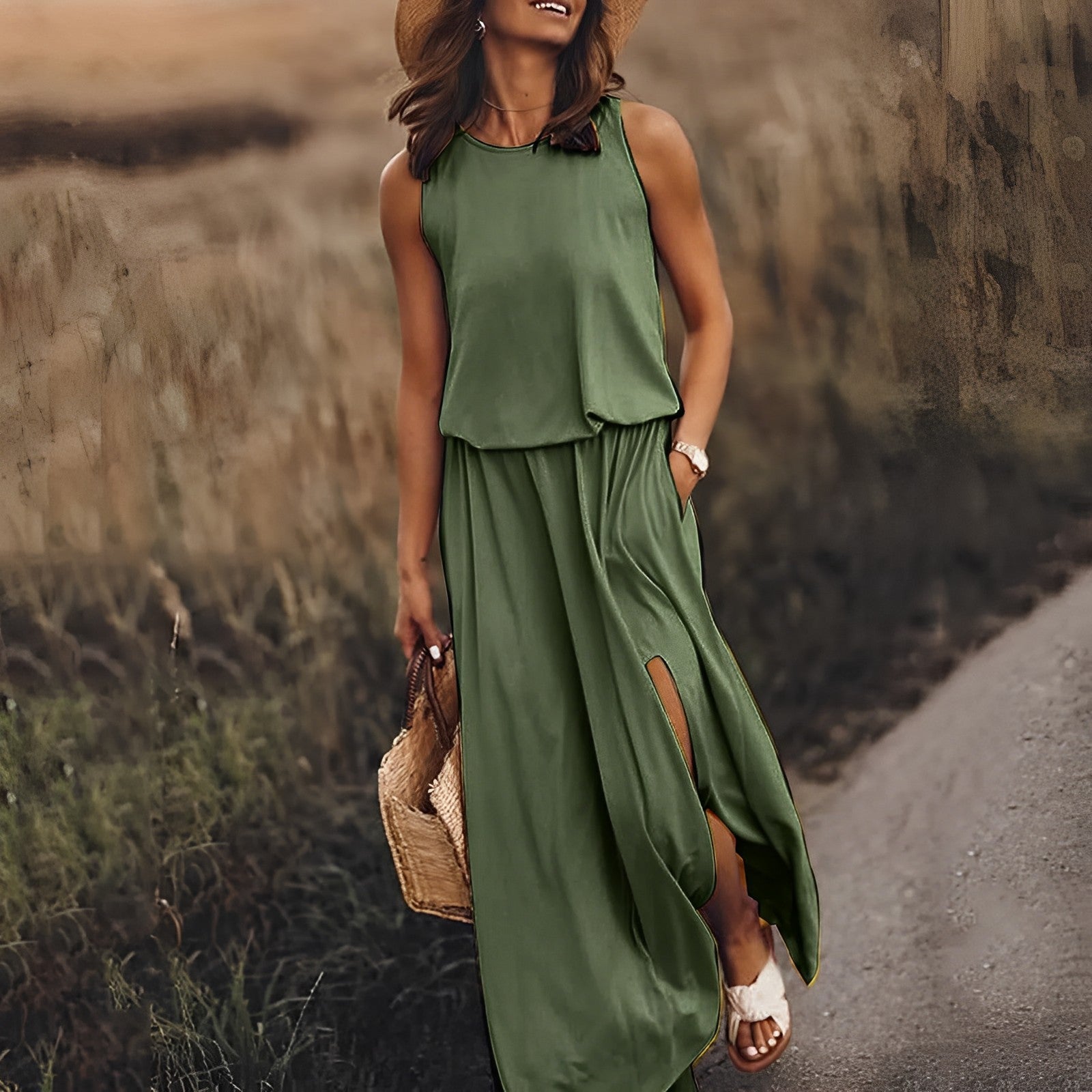 SUENTA Damen Maxi-Sommerkleid – Ärmellos mit Schlitz & Elegante Passform Dunkelgrün