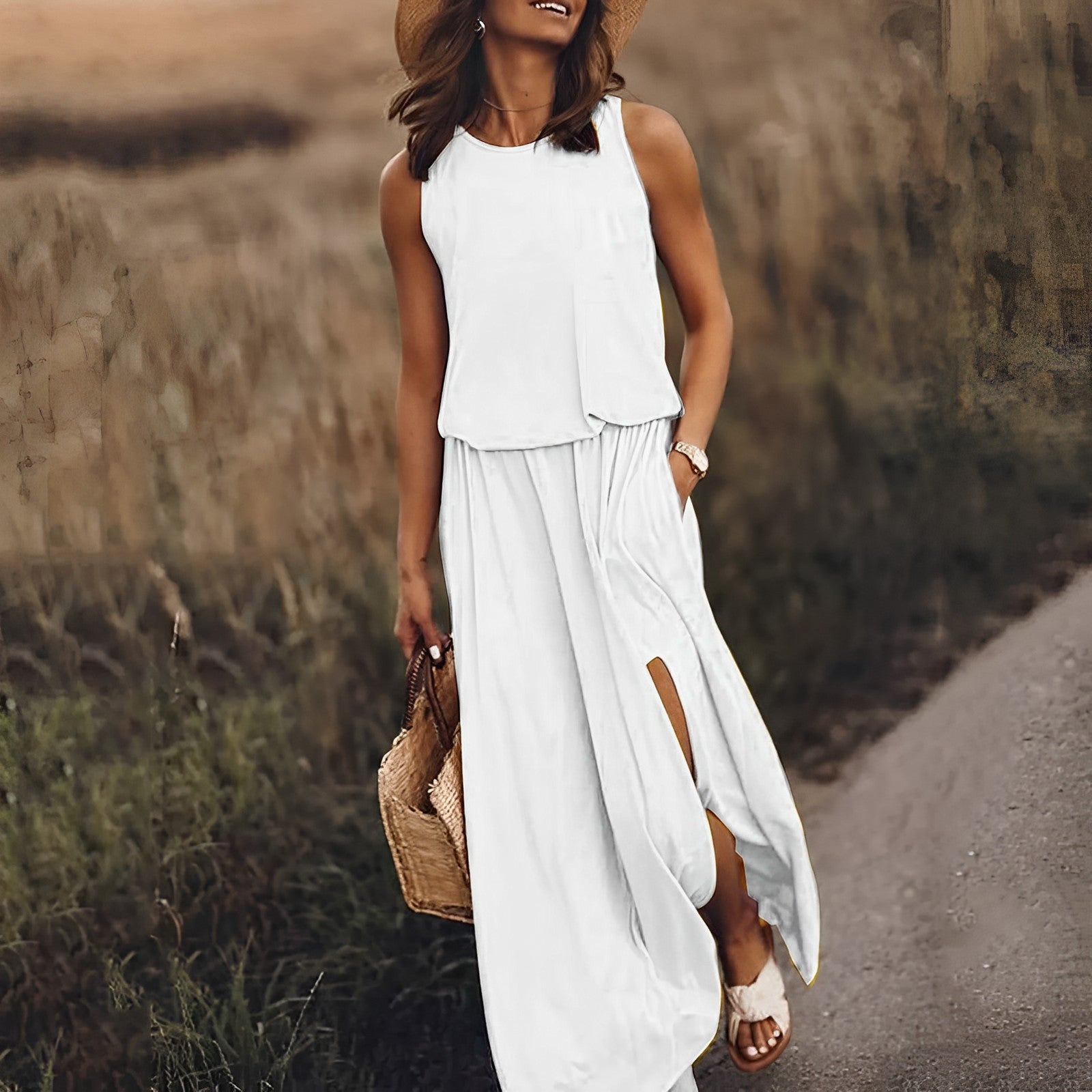 SUENTA Damen Maxi-Sommerkleid – Ärmellos mit Schlitz & Elegante Passform Weiß