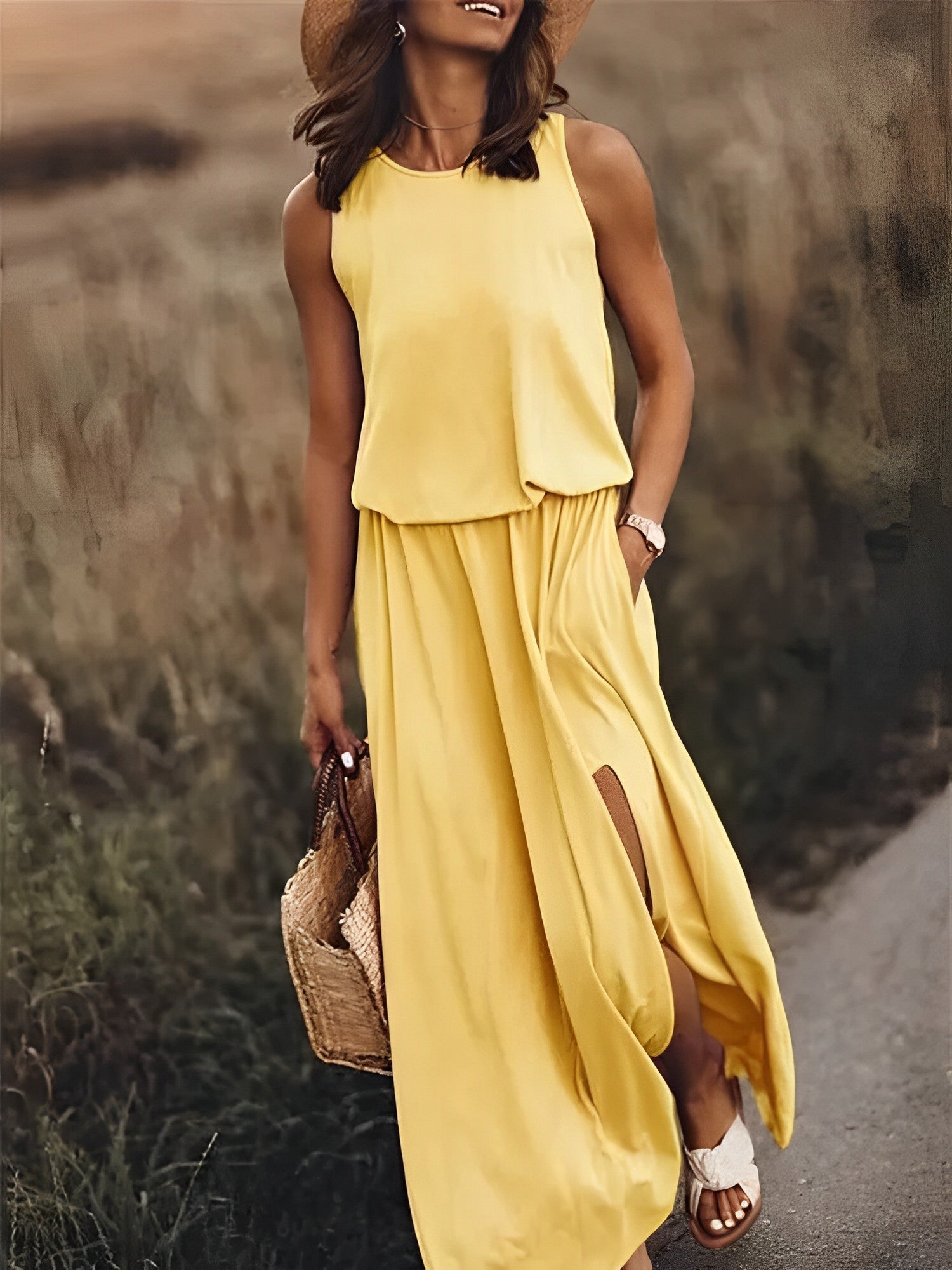 SUENTA Damen Maxi-Sommerkleid – Ärmellos mit Schlitz & Elegante Passform Gelb