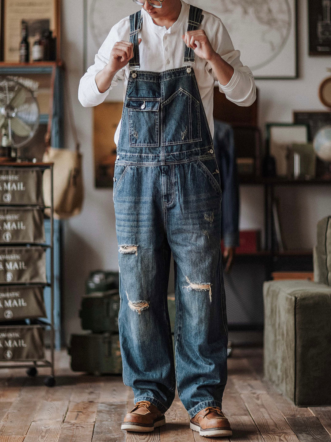 SUENTA Herren-Trägerhosen Handgefertigte Abgenutzte Denim - Overall