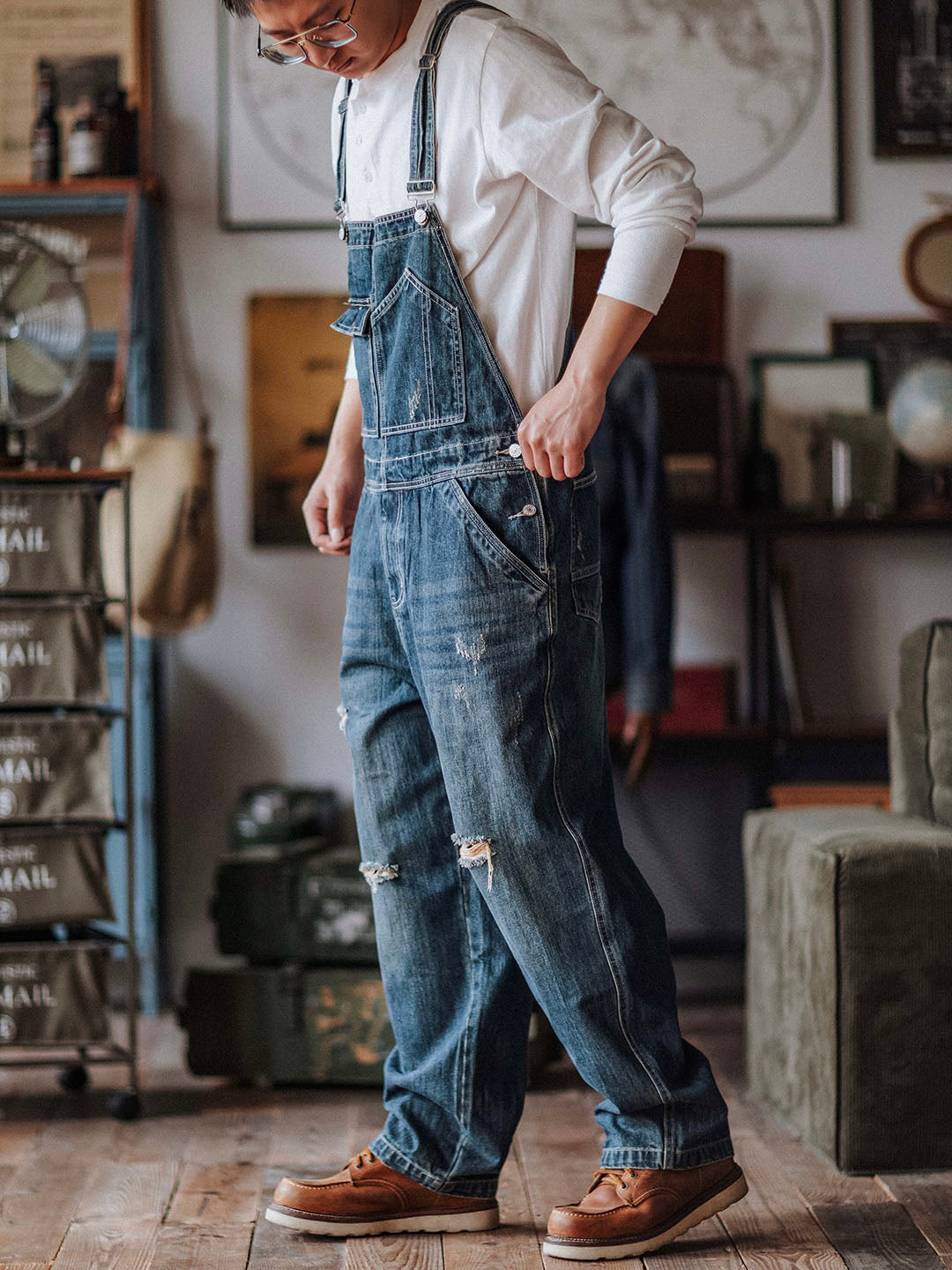 SUENTA Herren-Trägerhosen Handgefertigte Abgenutzte Denim - Overall