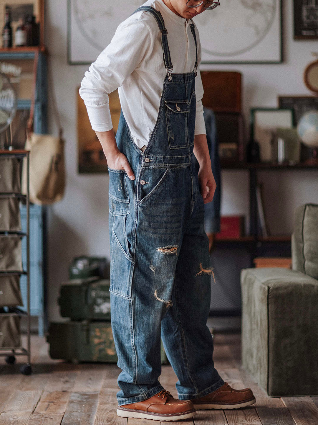 SUENTA Herren-Trägerhosen Handgefertigte Abgenutzte Denim - Overall Mittelblau