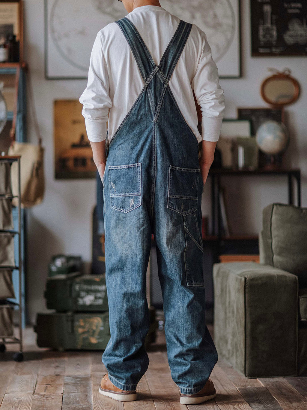 SUENTA Herren-Trägerhosen Handgefertigte Abgenutzte Denim - Overall