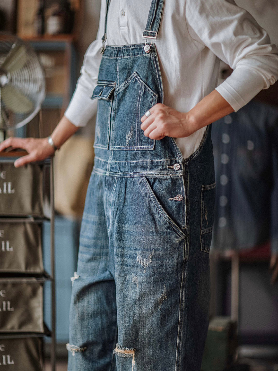 SUENTA Herren-Trägerhosen Handgefertigte Abgenutzte Denim - Overall