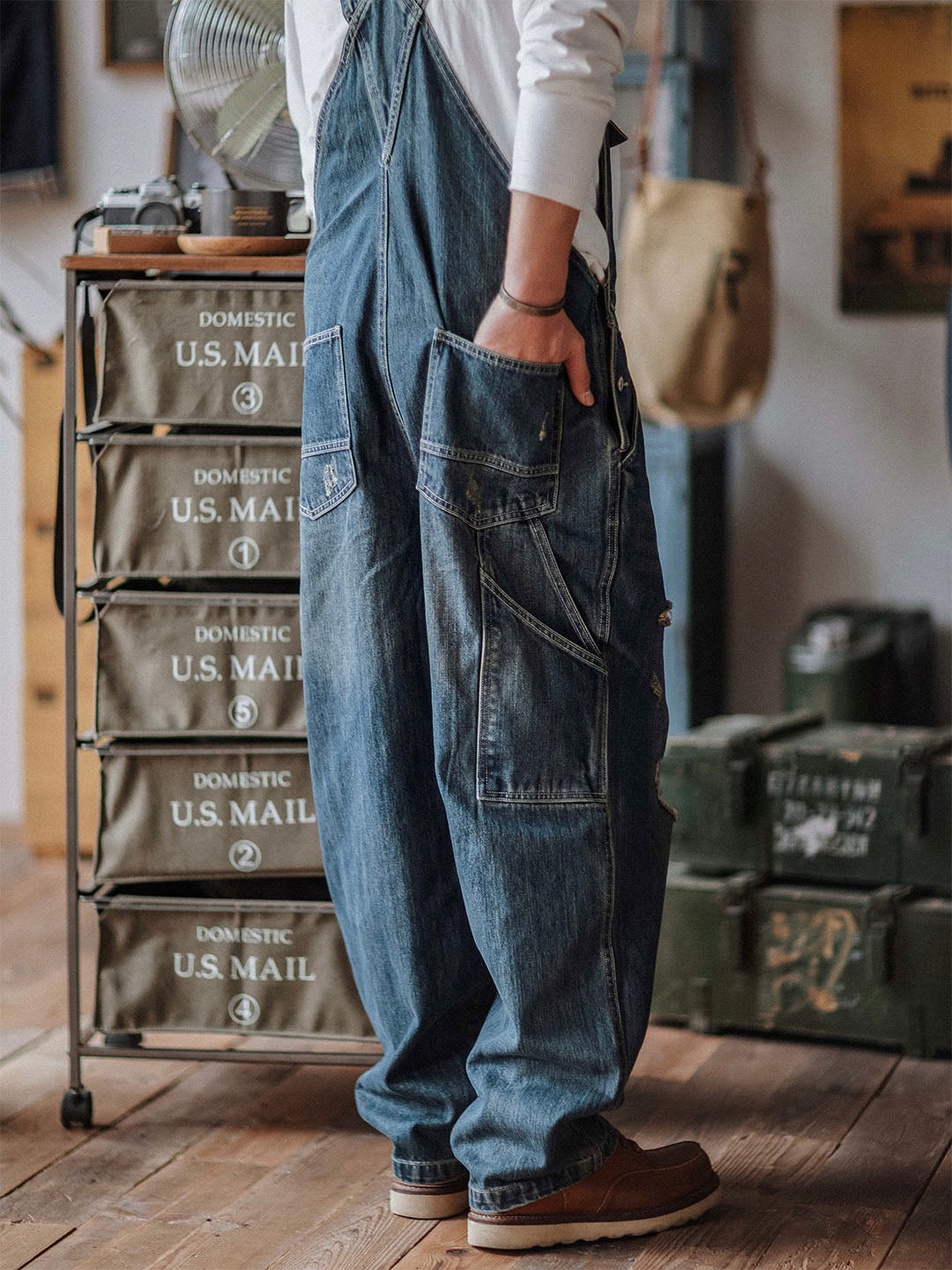 SUENTA Herren-Trägerhosen Handgefertigte Abgenutzte Denim - Overall