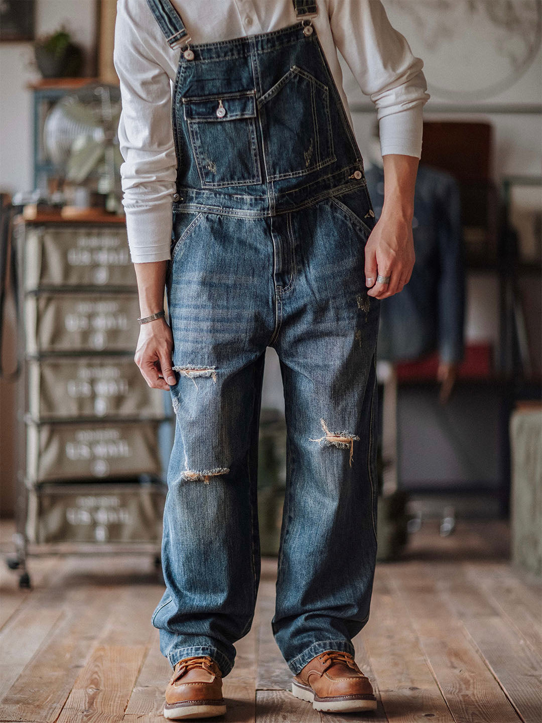 SUENTA Herren-Trägerhosen Handgefertigte Abgenutzte Denim - Overall