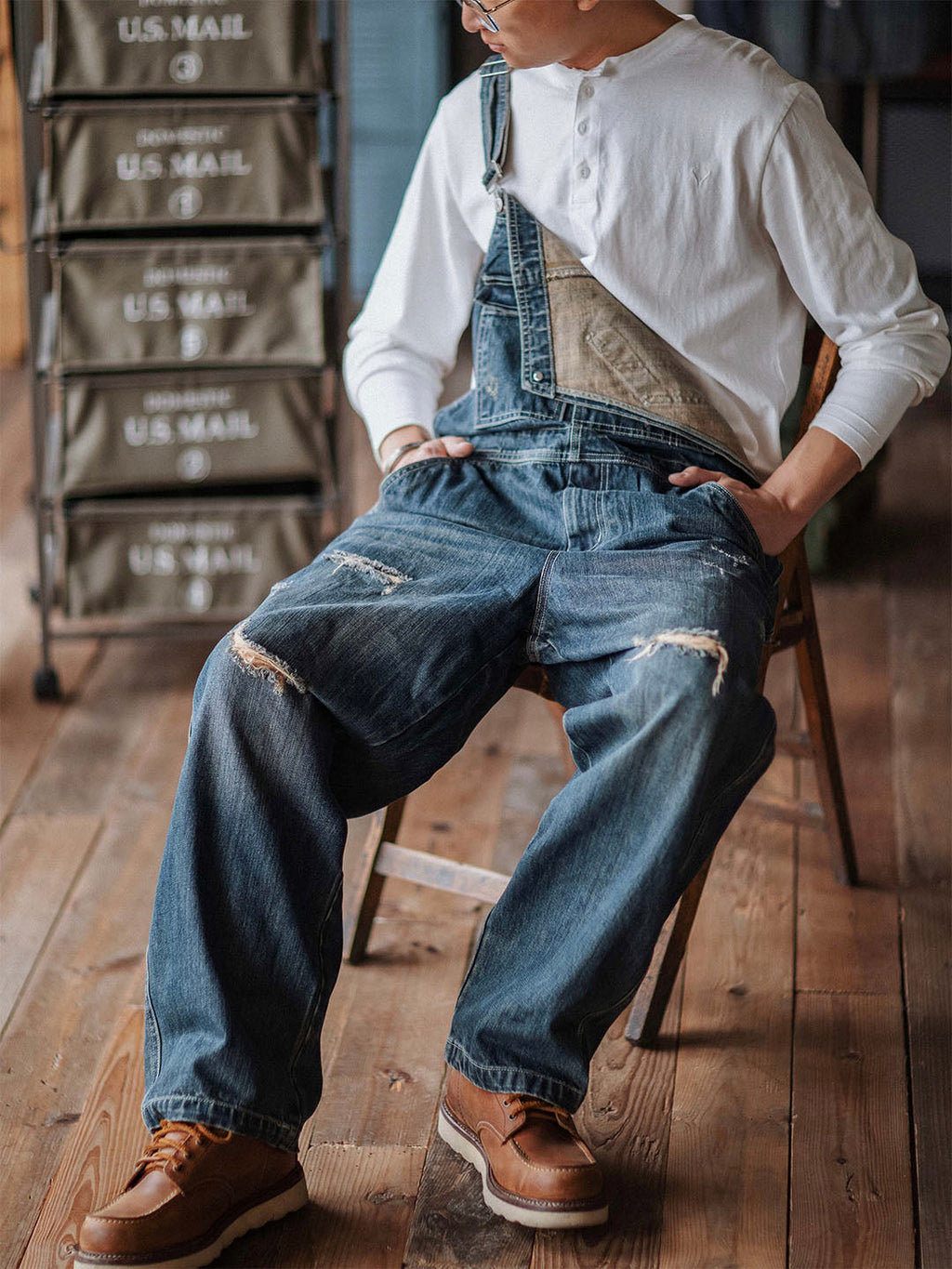 SUENTA Herren-Trägerhosen Handgefertigte Abgenutzte Denim - Overall