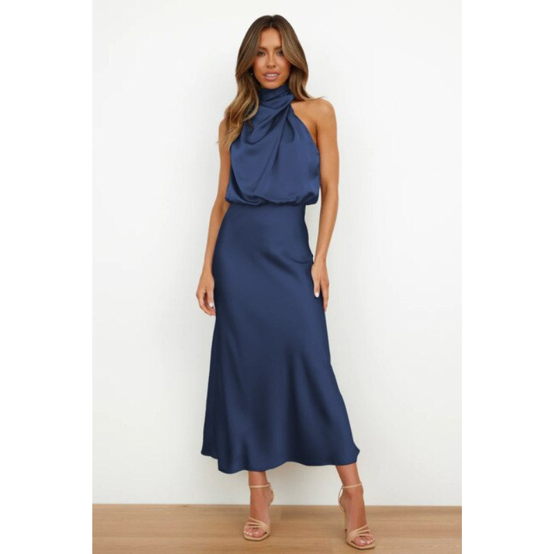 SUENTA Lyvanta | Damen Abendkleid mit Neckholder – Atemberaubendes Design & Midi-Länge Blau