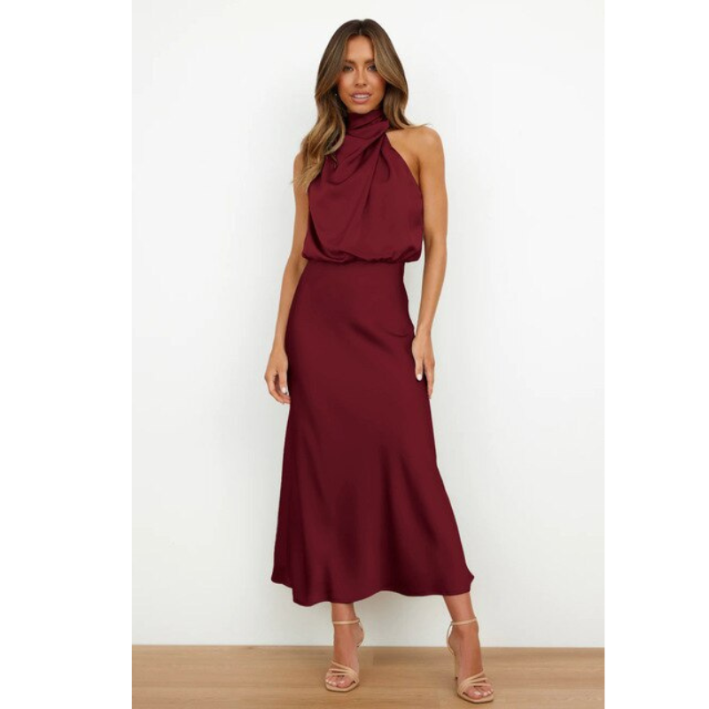 SUENTA Lyvanta | Damen Abendkleid mit Neckholder – Atemberaubendes Design & Midi-Länge Bordeaux