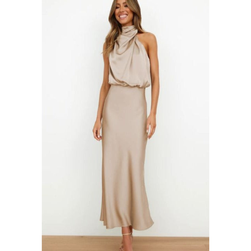 SUENTA Lyvanta | Damen Abendkleid mit Neckholder – Atemberaubendes Design & Midi-Länge Khaki