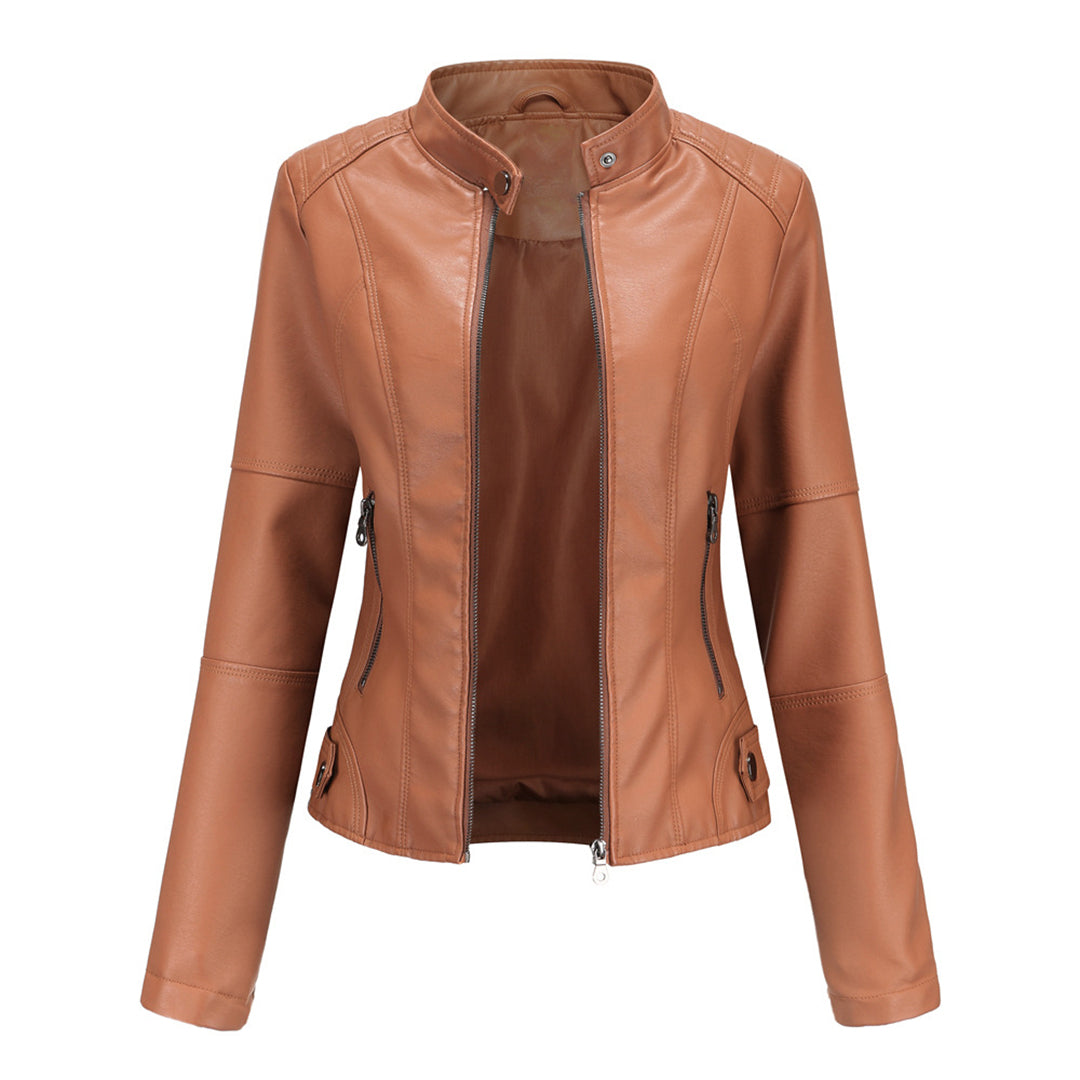 SUENTA Damen Maßgeschneiderte Lederjacke Taillierte Lederjacke Klaren Linien Lagenlook Braun