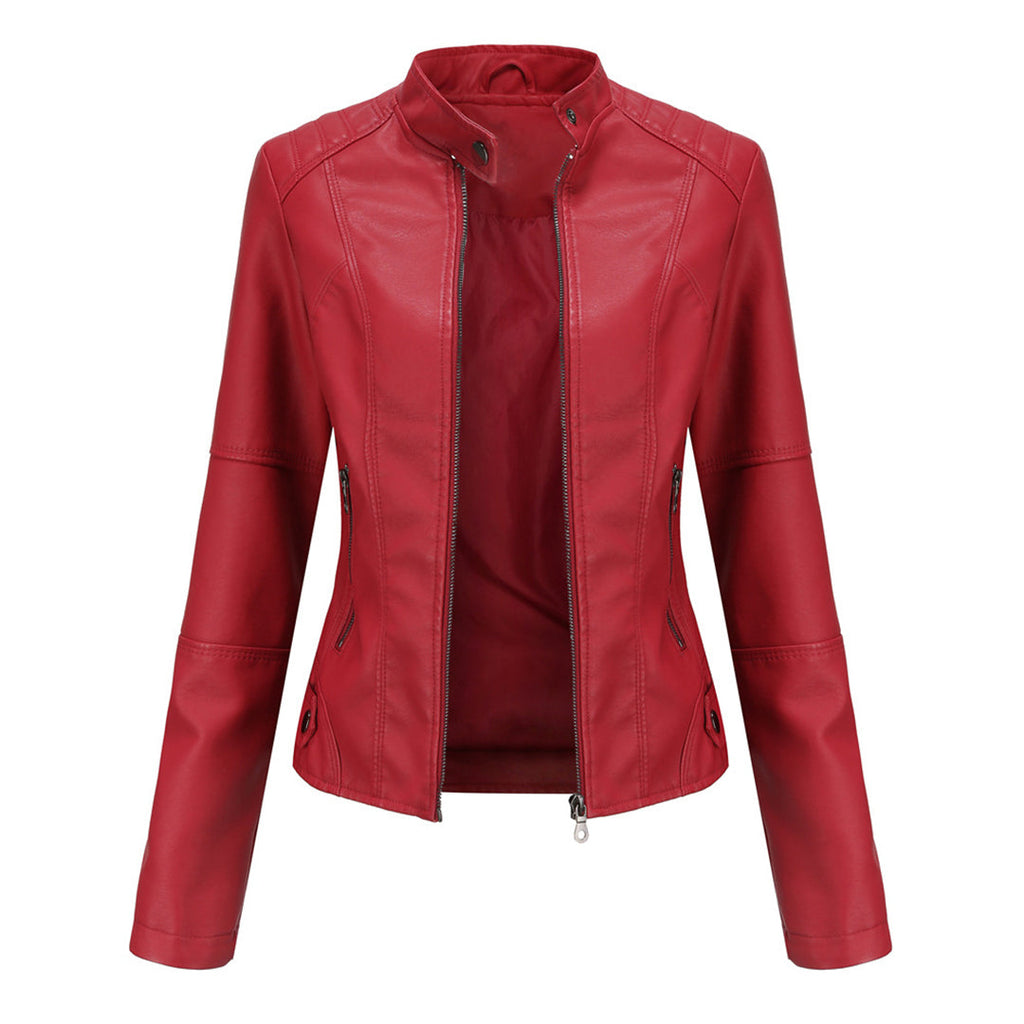 SUENTA Damen Maßgeschneiderte Lederjacke Taillierte Lederjacke Klaren Linien Lagenlook Rot