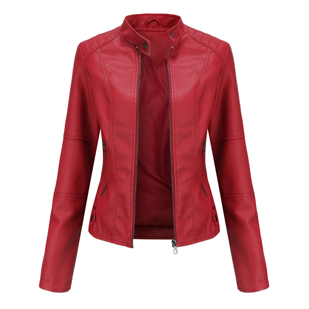 SUENTA Damen Maßgeschneiderte Lederjacke Taillierte Lederjacke Klaren Linien Lagenlook Rot