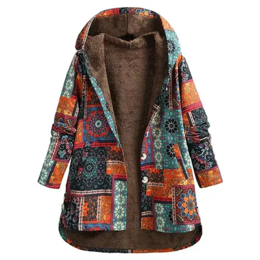 SUENTA Jacke Damen Klassiker Blumen Kapuze Winter Blumenmuster Warm - Winterjacke Damen Orange