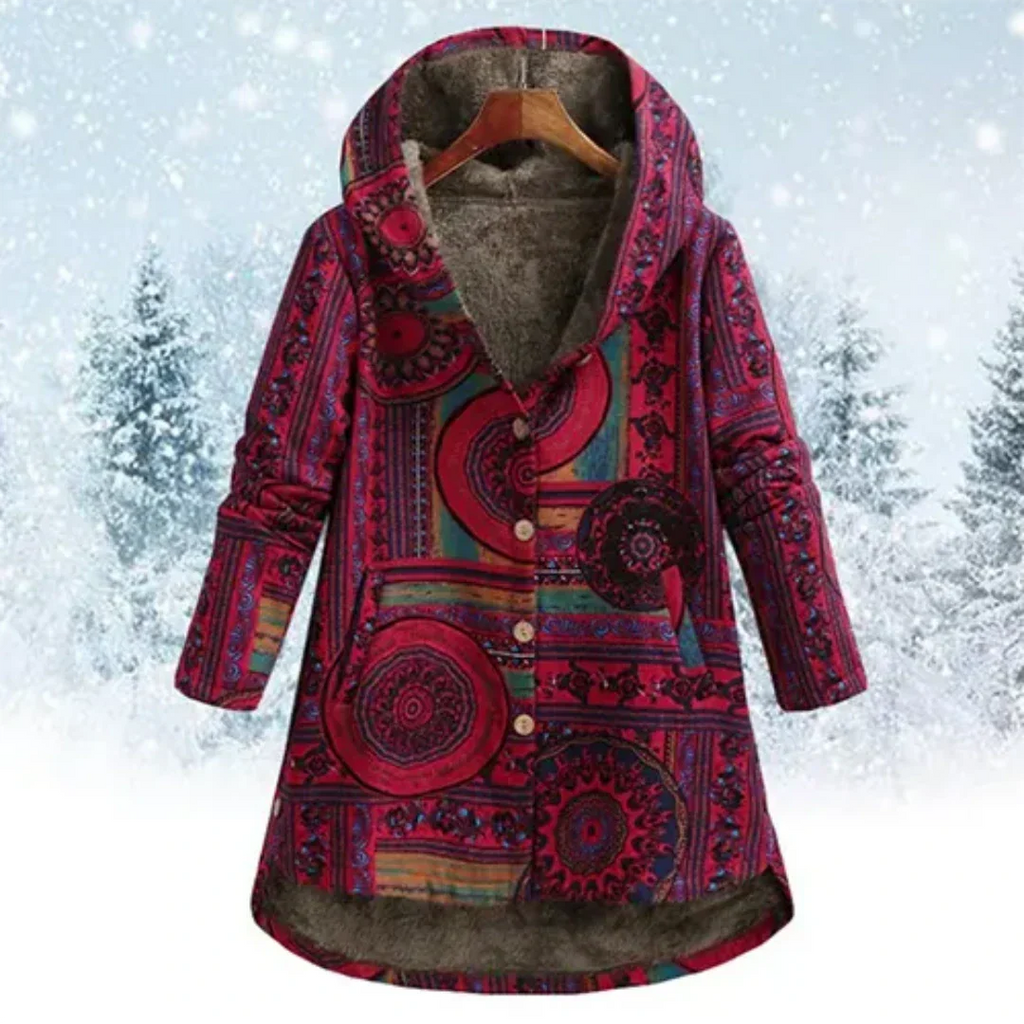 SUENTA Jacke Damen Klassiker Blumen Kapuze Winter Blumenmuster Warm - Winterjacke Damen Rot