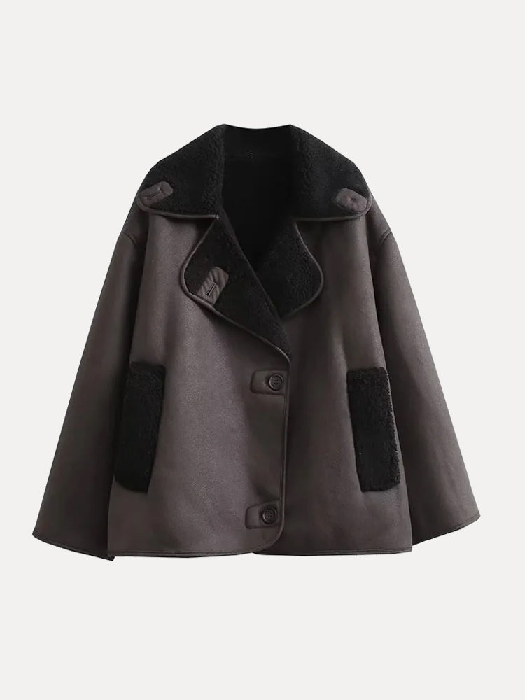 SUENTA Damen Oversized Lederjacke Mit Fell Kunstleder Winterjacke