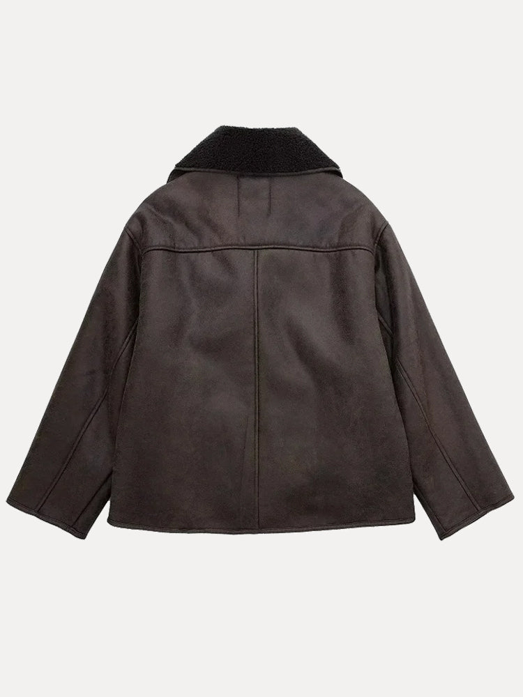 SUENTA Damen Oversized Lederjacke Mit Fell Kunstleder Winterjacke