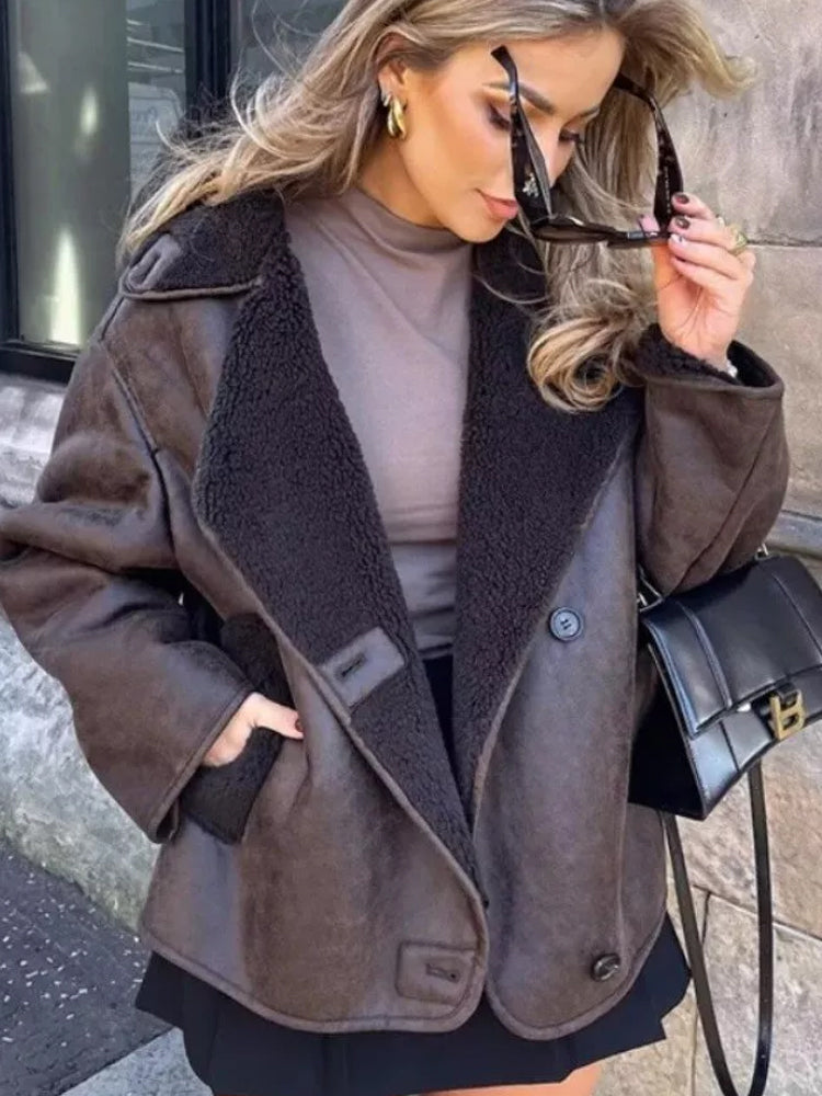 SUENTA Damen Oversized Lederjacke Mit Fell Kunstleder Winterjacke