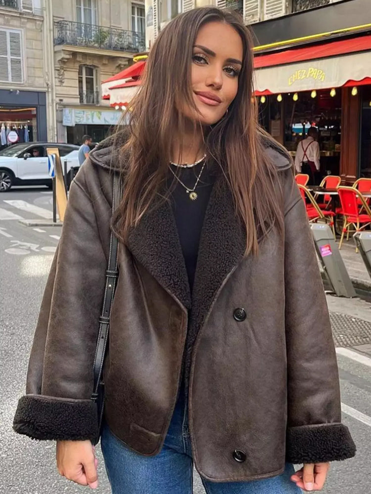 SUENTA Damen Oversized Lederjacke Mit Fell Kunstleder Winterjacke Braun