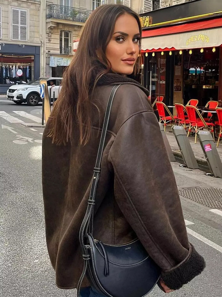 SUENTA Damen Oversized Lederjacke Mit Fell Kunstleder Winterjacke