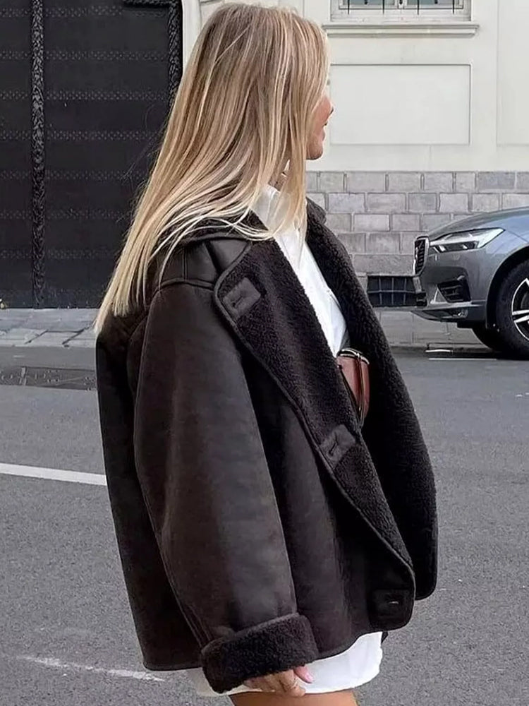 SUENTA Damen Oversized Lederjacke Mit Fell Kunstleder Winterjacke