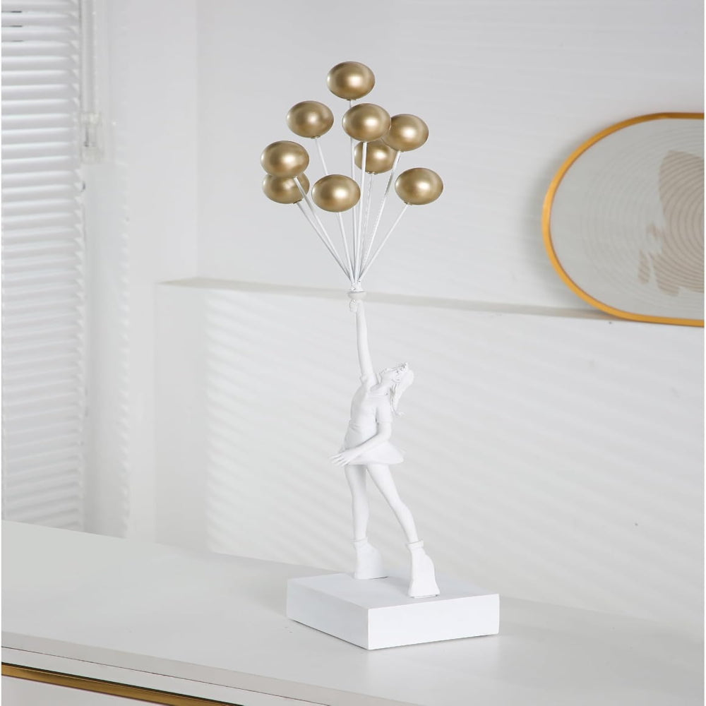 SUENTA Ballonmädchen Kunstharz-Skulptur Emotionale Momentaufnahme Gold Weiß