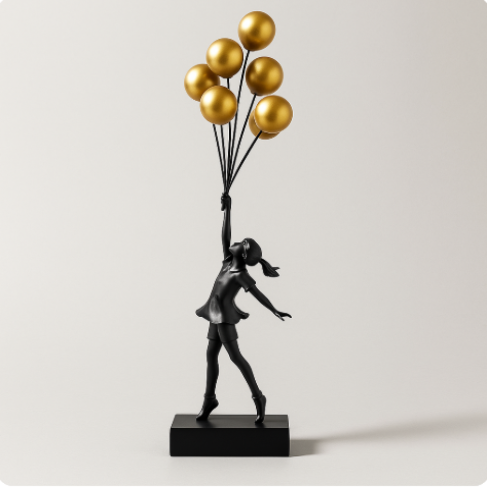 SUENTA Ballonmädchen Kunstharz-Skulptur Emotionale Momentaufnahme Gold Schwarz