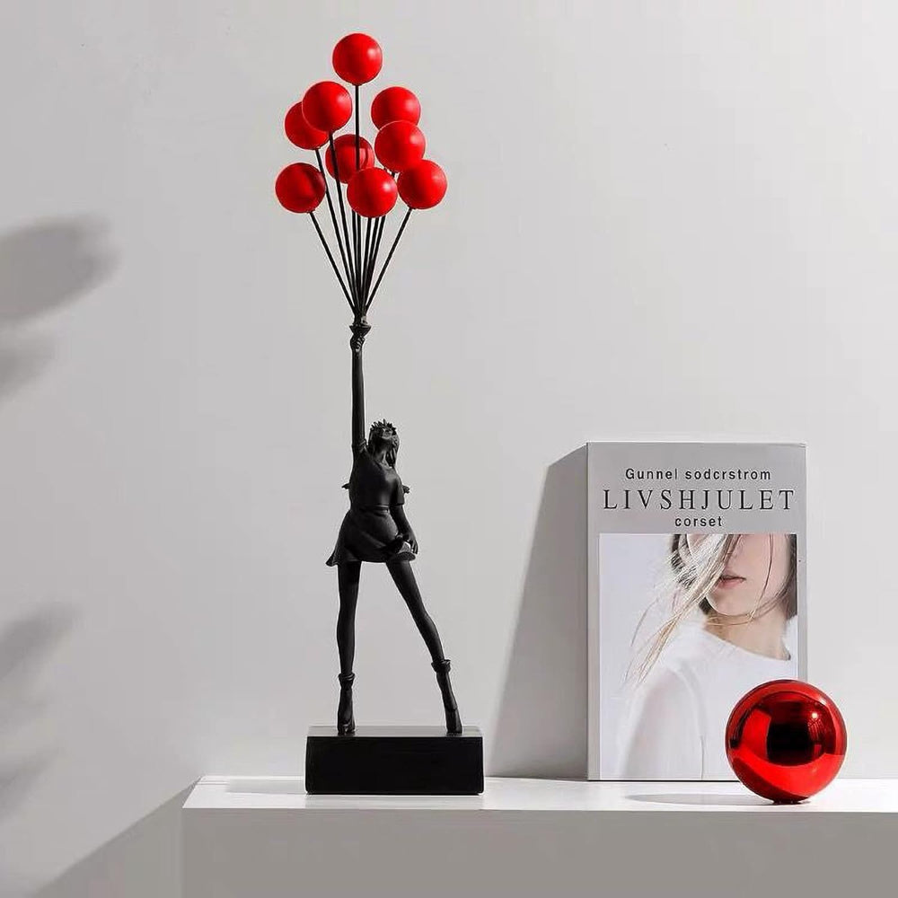 SUENTA Ballonmädchen Kunstharz-Skulptur Emotionale Momentaufnahme Rot Schwarz