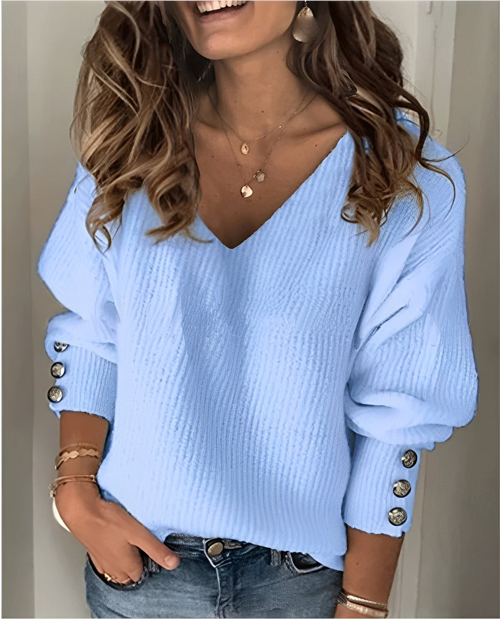 SUENTA Damen V-Ausschnitt Strickpullover Traditioneller Look Weicher Strickstoff Blau