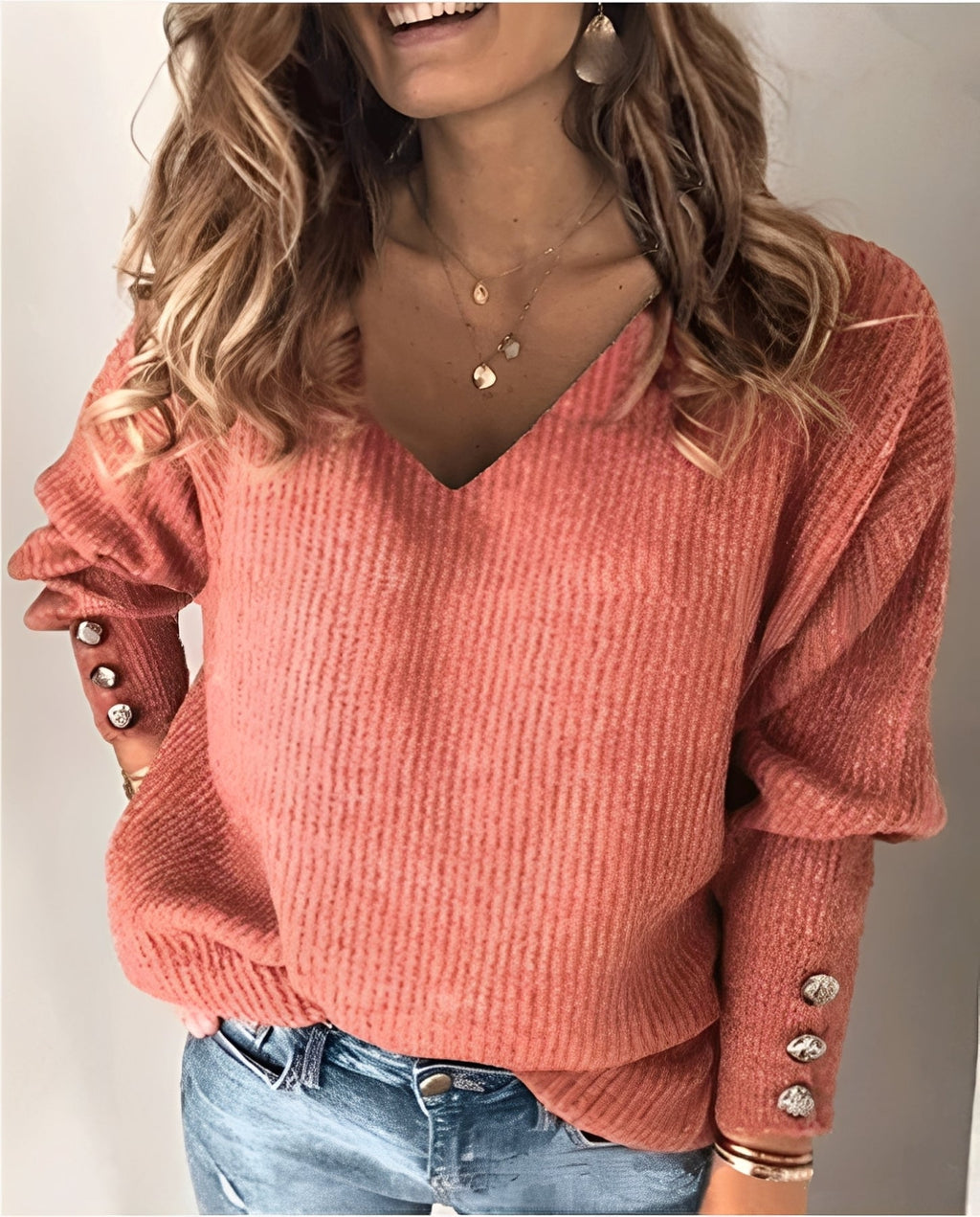 SUENTA Damen V-Ausschnitt Strickpullover Traditioneller Look Weicher Strickstoff Ziegelrot