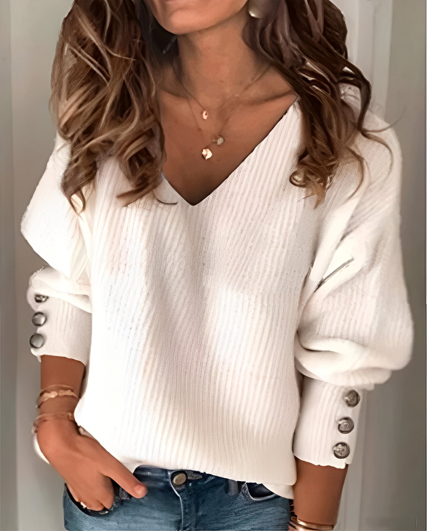 SUENTA Damen V-Ausschnitt Strickpullover Traditioneller Look Weicher Strickstoff Weiß