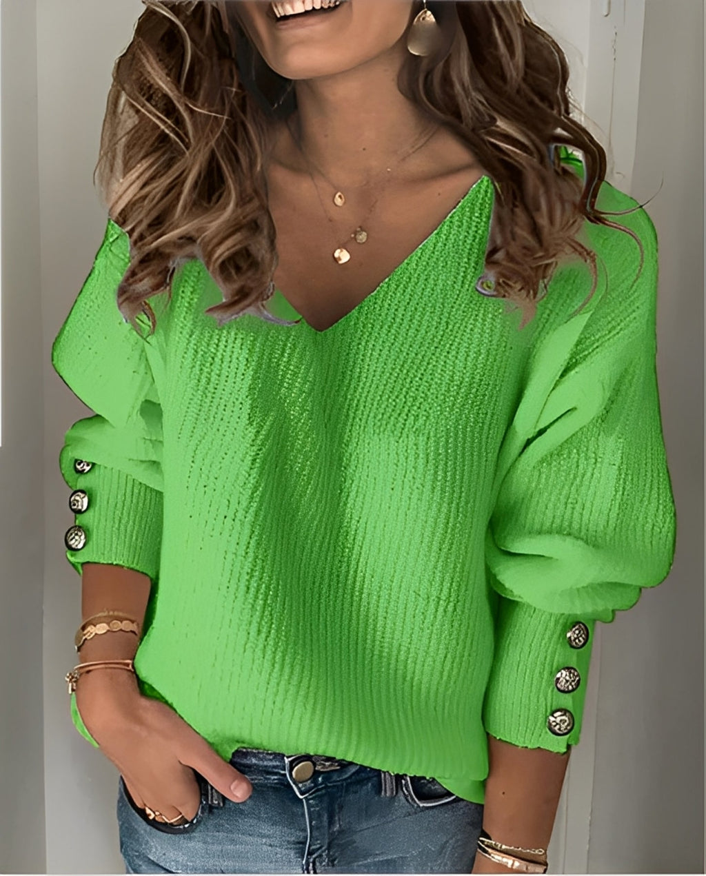 SUENTA Damen V-Ausschnitt Strickpullover Traditioneller Look Weicher Strickstoff Grün