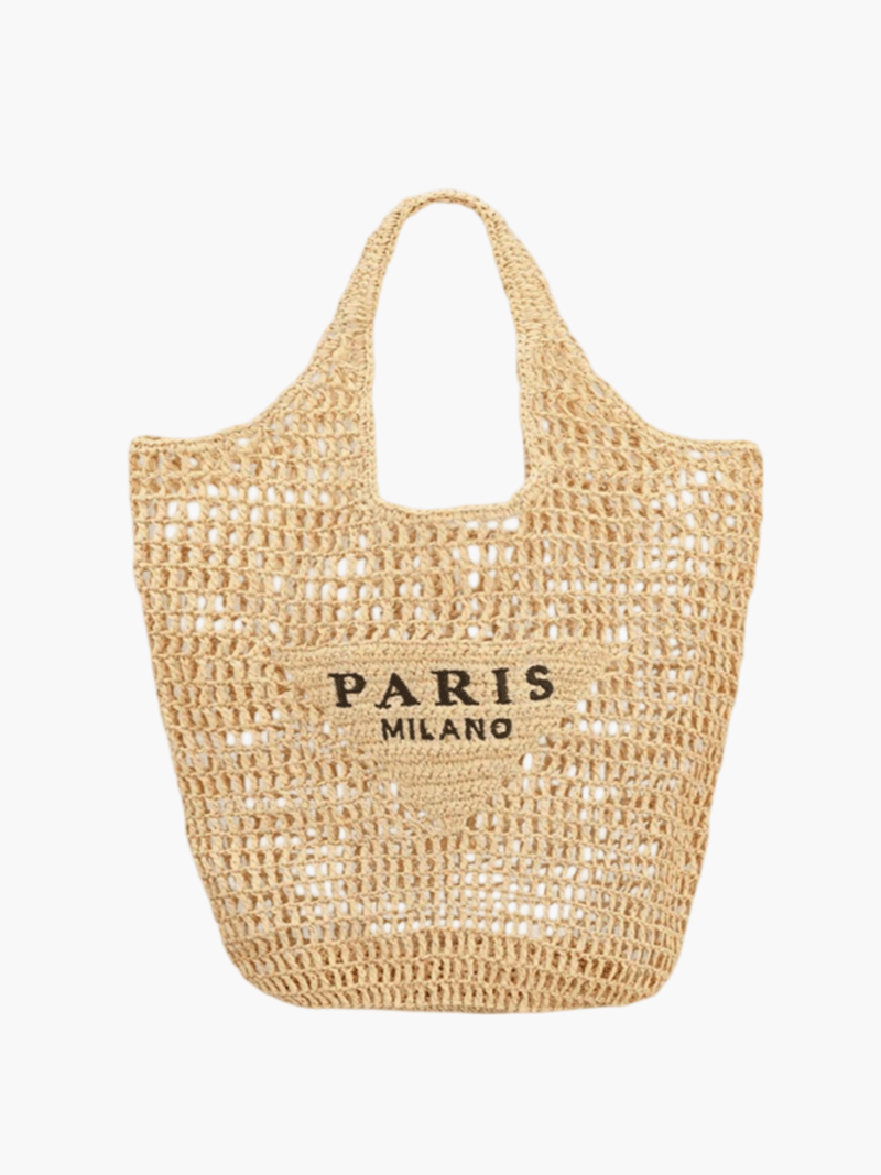 SUENTA Strandtasche Aus Stroh Handgefertigt Paris Print Boho Stil Beige One-Size