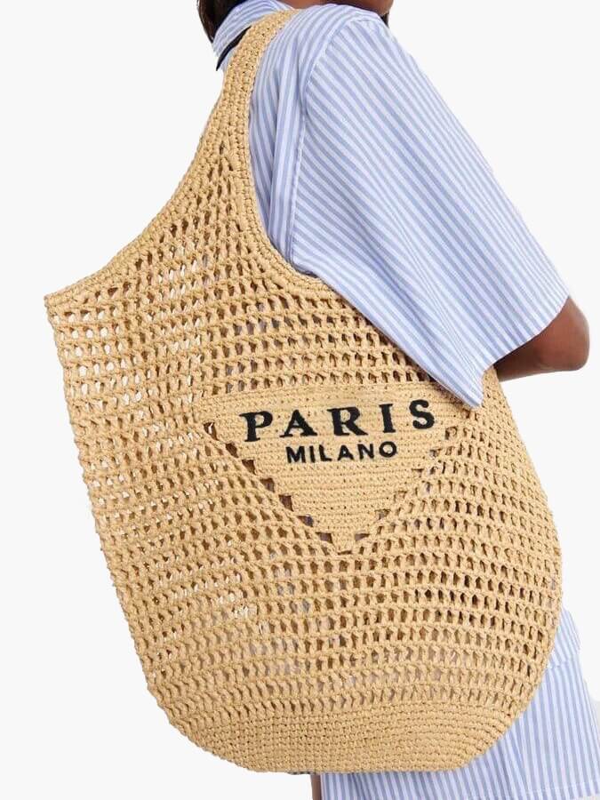 SUENTA Strandtasche Aus Stroh Handgefertigt Paris Print Boho Stil
