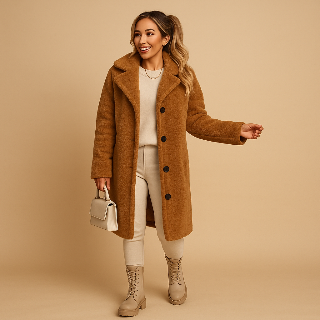 SUENTA Damen Beigefarbenen Langen Teddyfellmantel Oversize Winterjacke Für Damen Braun