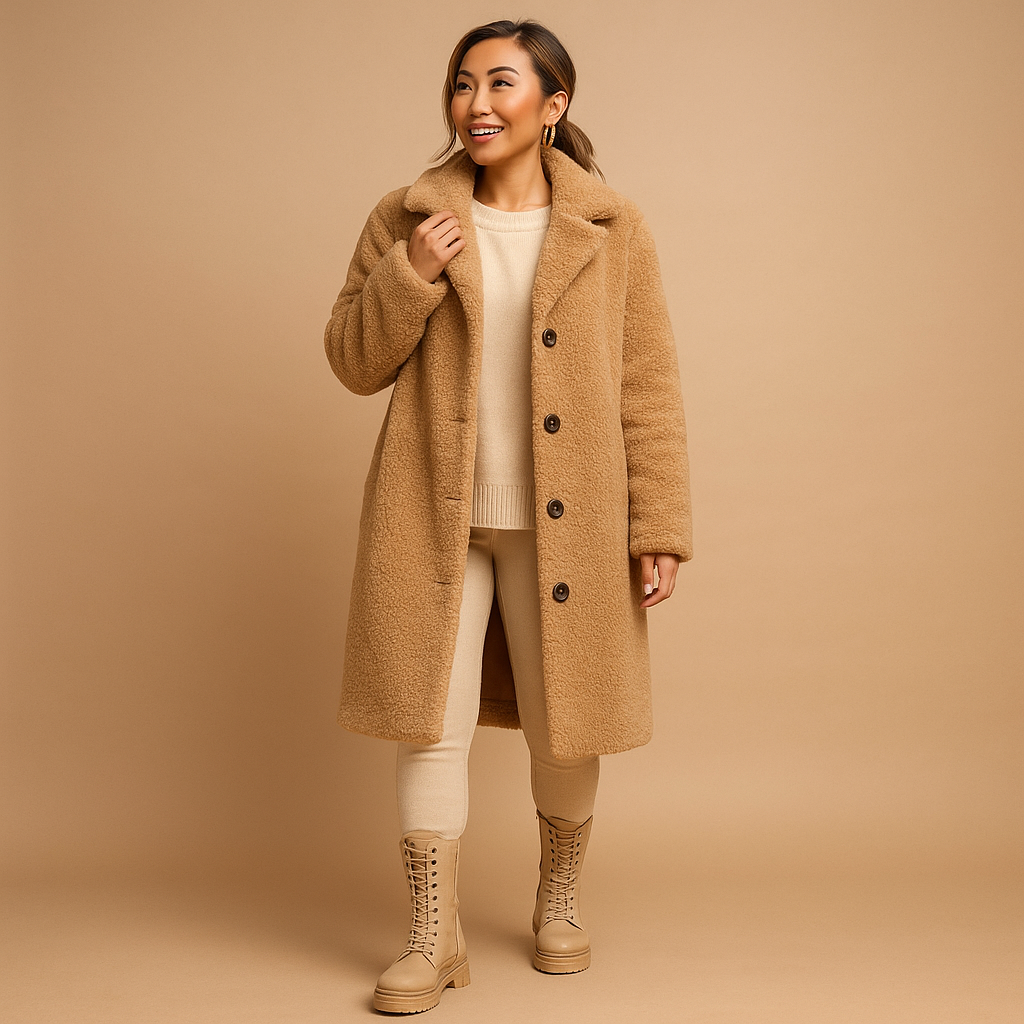 SUENTA Damen Beigefarbenen Langen Teddyfellmantel Oversize Winterjacke Für Damen Khaki