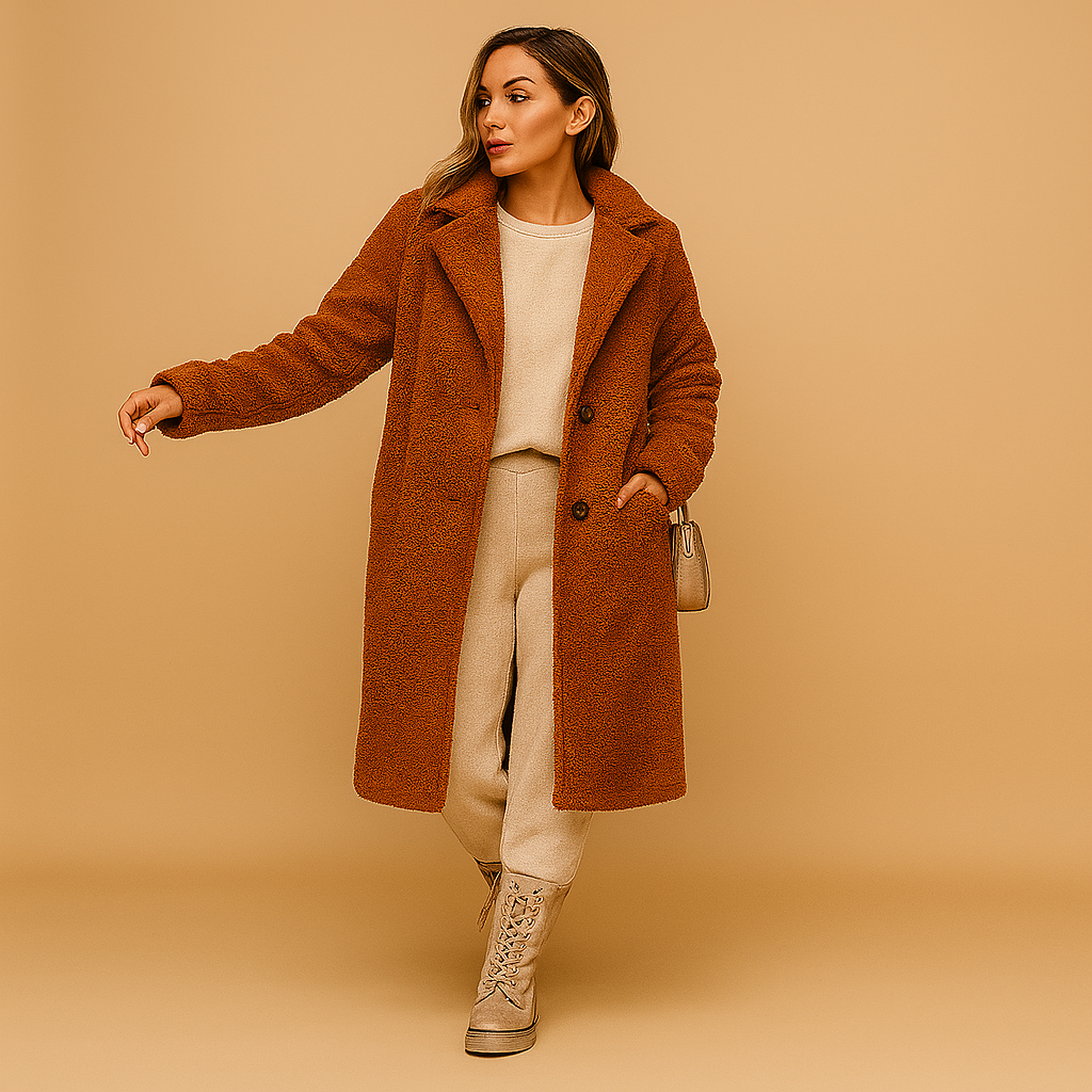 SUENTA Damen Beigefarbenen Langen Teddyfellmantel Oversize Winterjacke Für Damen Kaffee