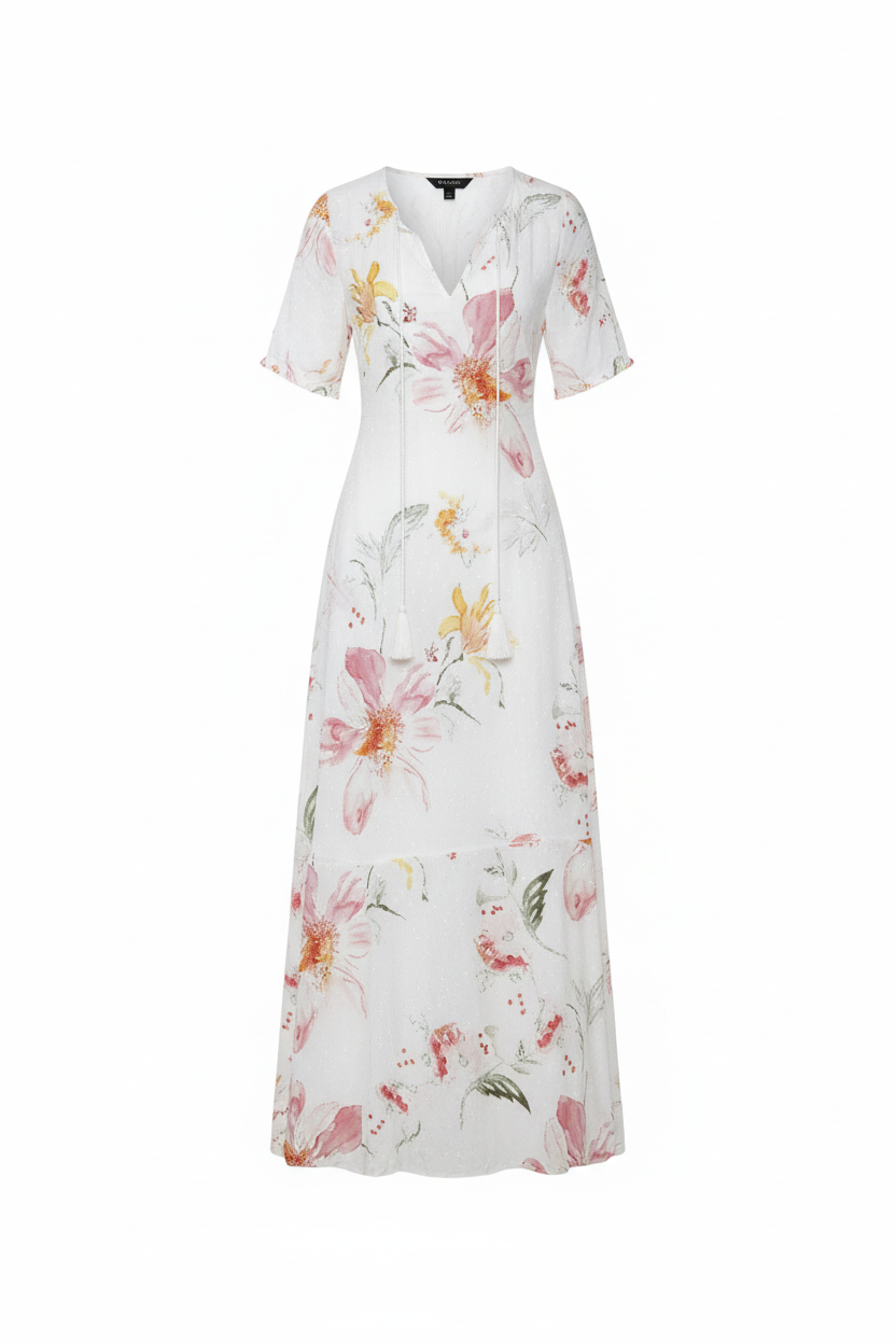 SUENTA Parsha | Damen Maxi-Sommerkleid – Bohème-Stil, V-Ausschnitt & Kurzärmelig