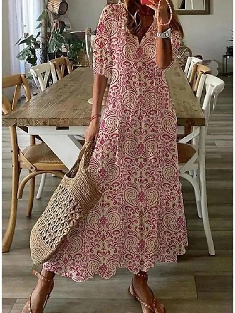 SUENTA Parsha | Damen Maxi-Sommerkleid – Bohème-Stil, V-Ausschnitt & Kurzärmelig Rosa
