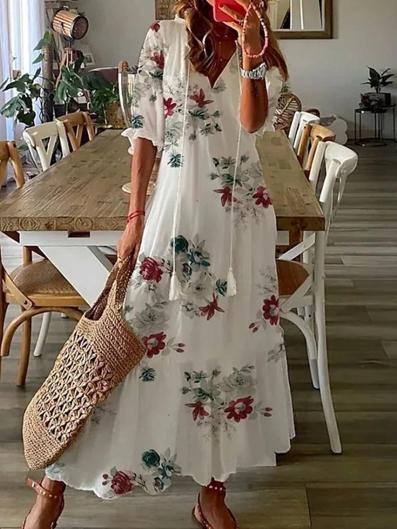 SUENTA Parsha | Damen Maxi-Sommerkleid – Bohème-Stil, V-Ausschnitt & Kurzärmelig Weiß