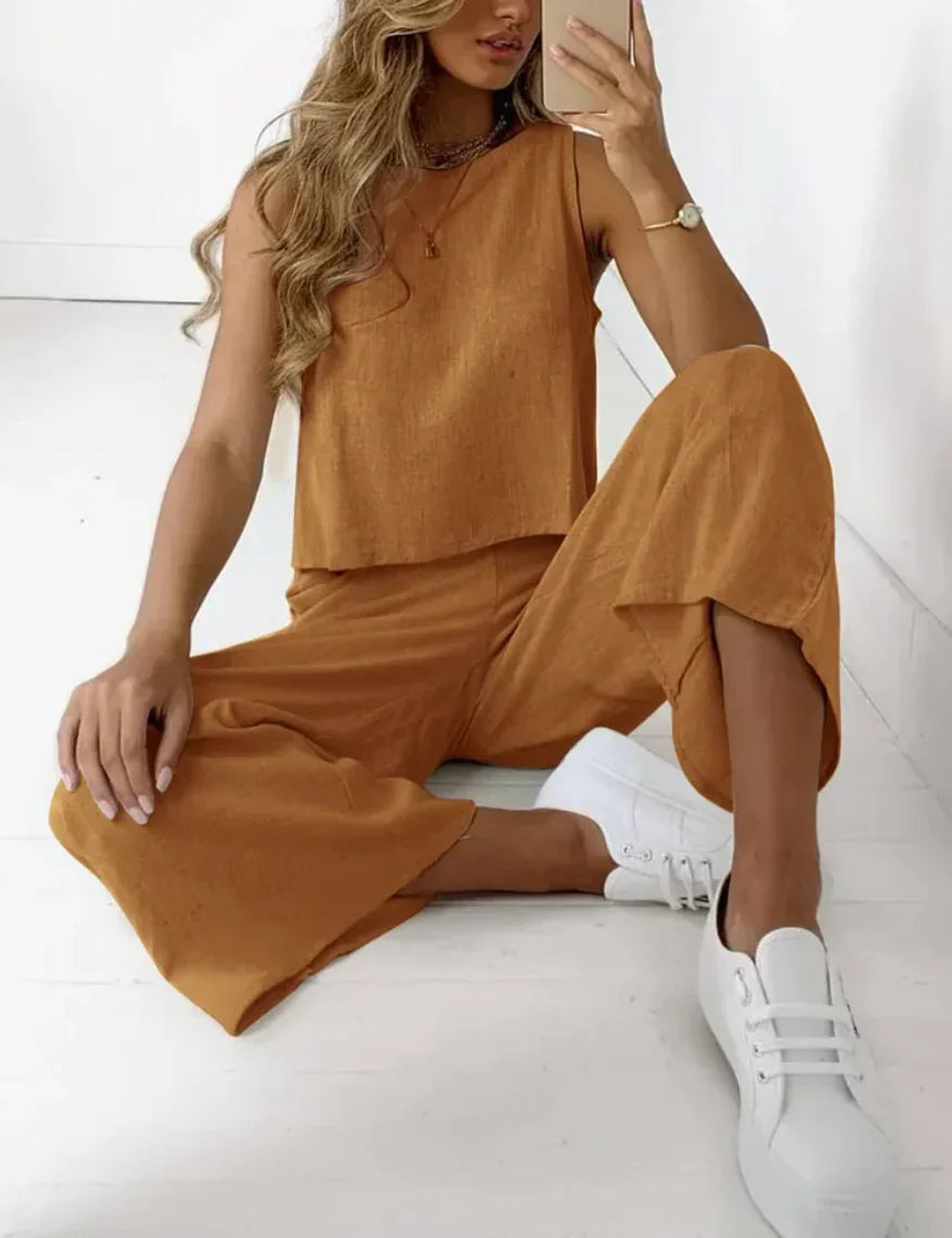 SUENTA Damen Sommer Zweiteiler – Stilvolles Zweiteiliges Set aus Leichtem Material Braun
